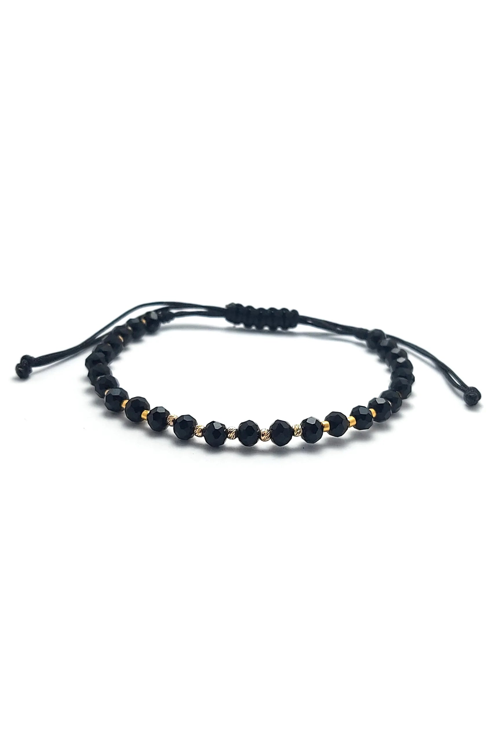 Bratara cu snur, cristale negre, 5 bilute striate 2mm din aur 14k si margele Myuki aurii