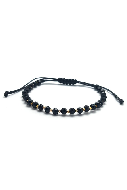 Bratara cu snur, cristale negre, 5 bilute striate 2mm din aur 14k si margele Myuki aurii