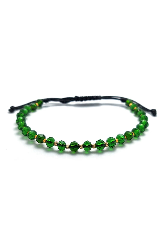 Bratara cu snur, cristale verzi, 5 bilute striate 2mm din aur 14k si margele Myuki aurii