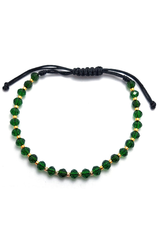 Bratara cu snur, cristale verzi, 5 bilute striate 2mm din aur 14k si margele Myuki aurii, vedere de sus