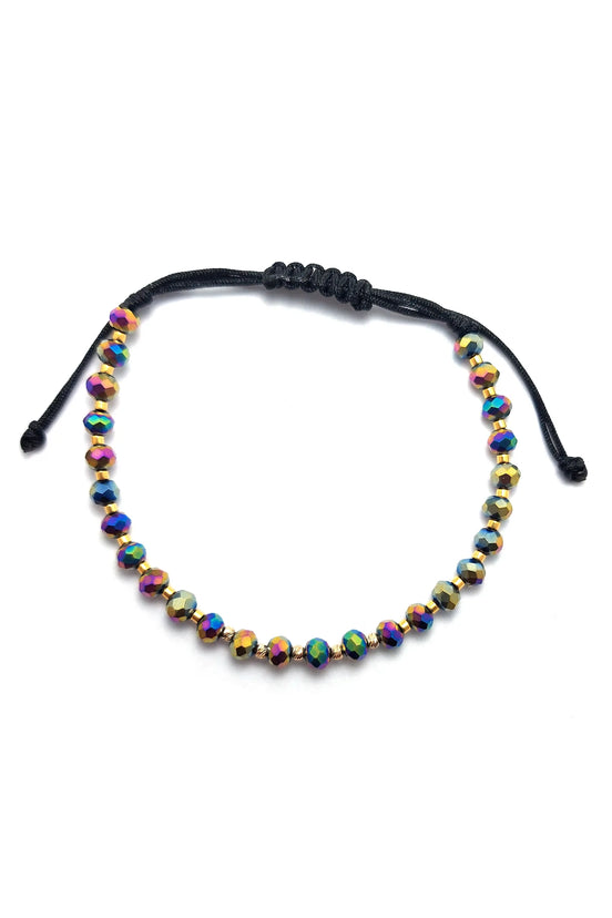 Bratara cu snur, cristale cameleon, 5 bilute striate 2mm din aur 14k si margele Myuki aurii,vedere sus