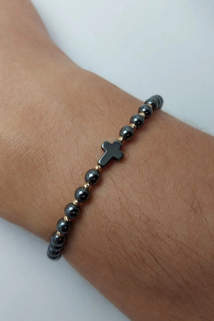 Bratara cu 10 bilute din aur 14k si pietre Hematit Argintii