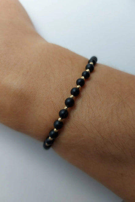Bratara cu 10 bilute din aur 14k si Onix mat negru