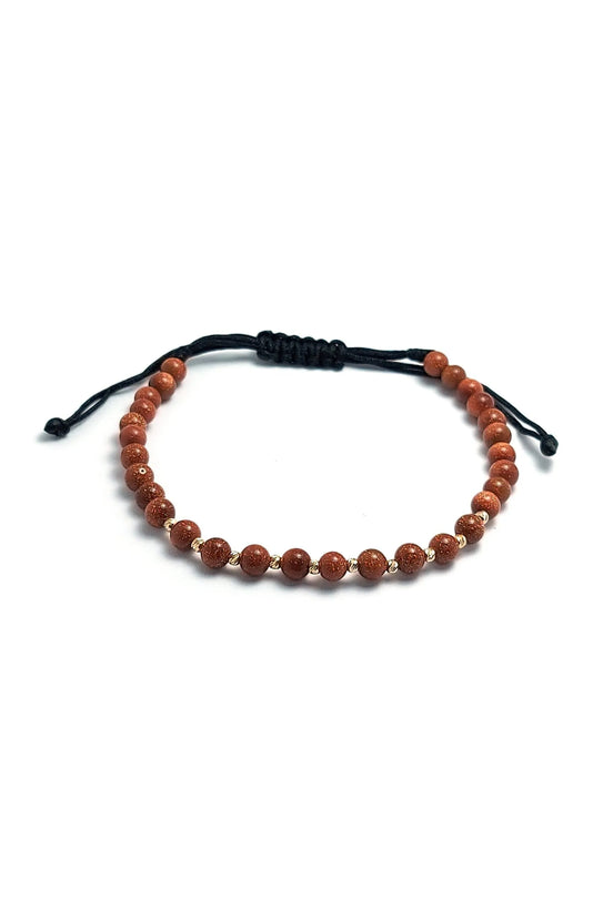 Bratara cu snur, 10 bilute striate 2mm din aur 14k, Piatra Soarelui Maro