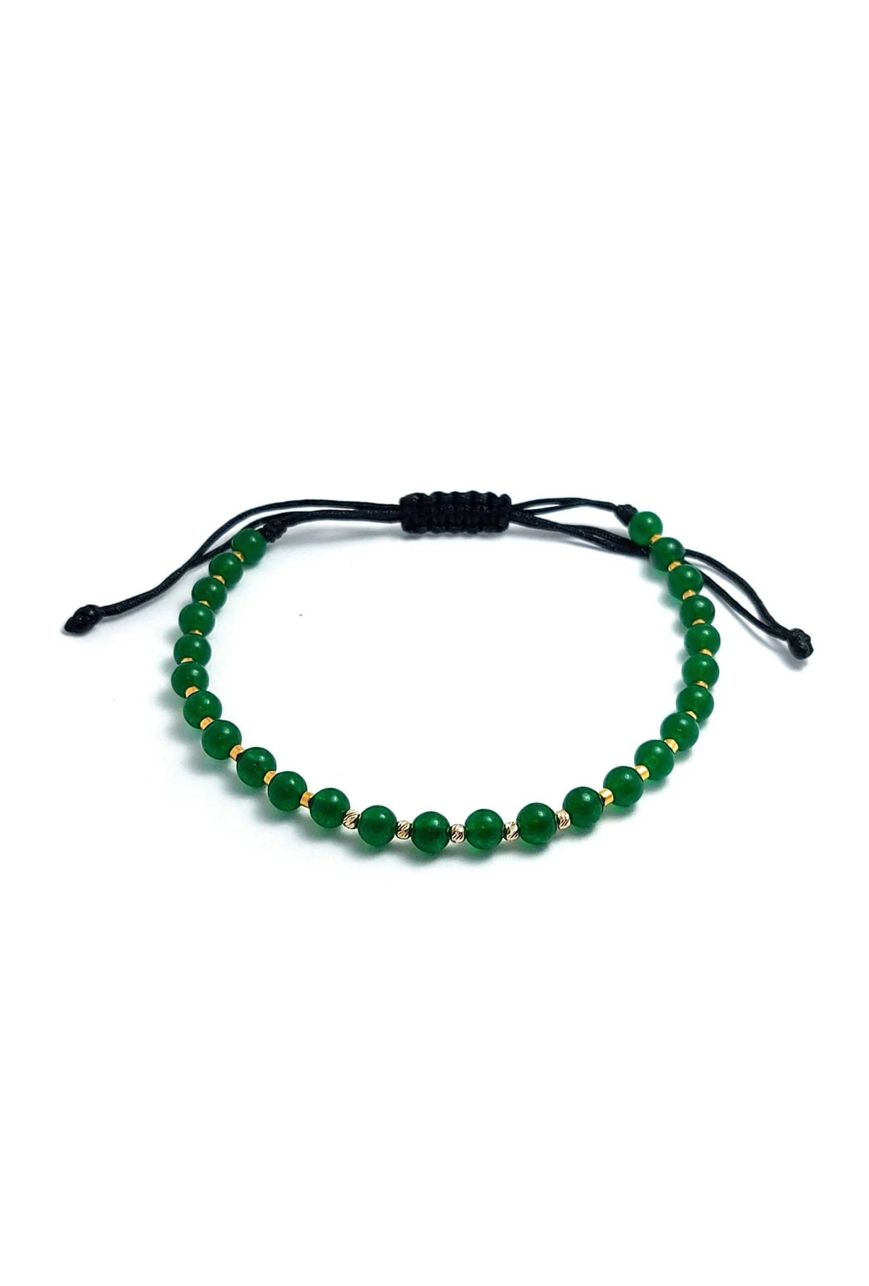 Bratara cu snur, 5 bilute striate 2mm din aur 14k, margele Myuki aurii si Jad verde