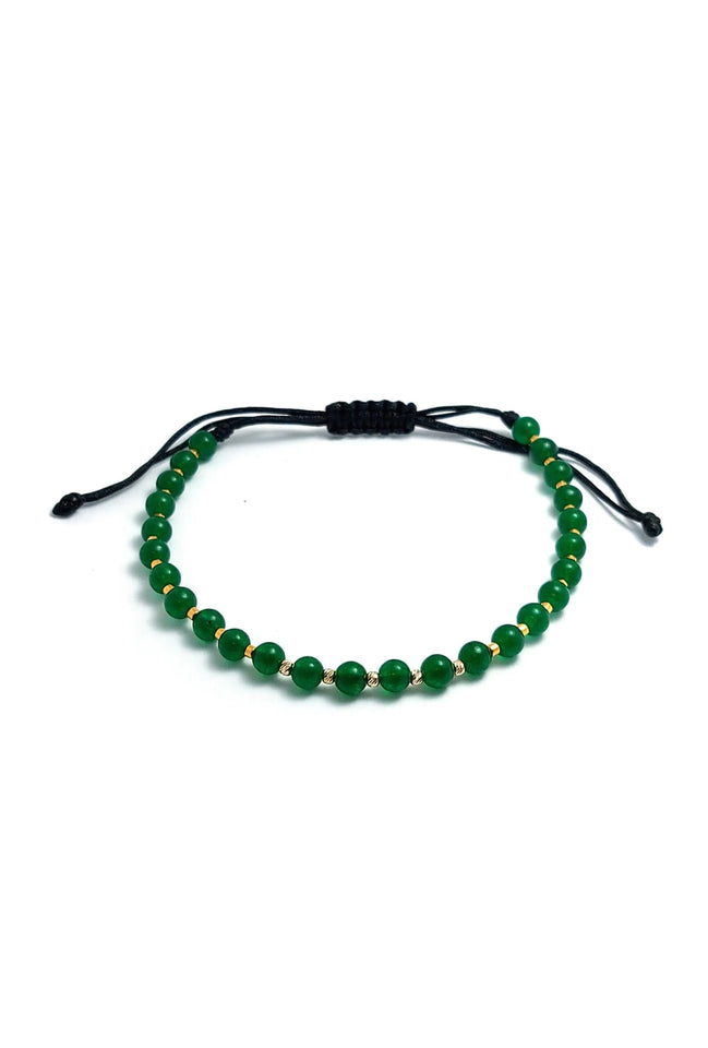Bratara cu snur, 5 bilute striate 2mm din aur 14k, margele Myuki aurii si Jad verde