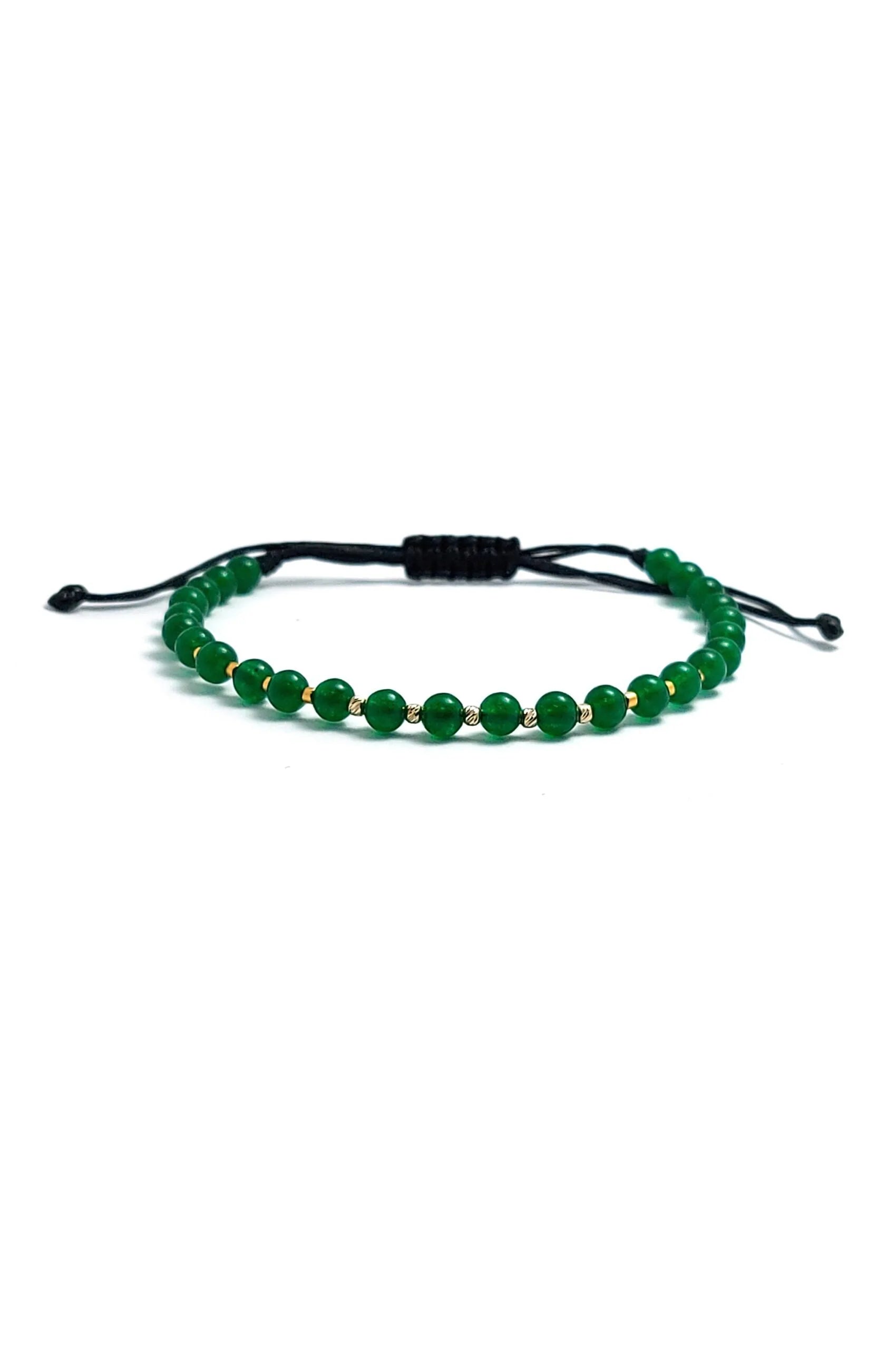 Bratara cu snur, 5 bilute striate 2mm din aur 14k, margele Myuki aurii si Jad verde, privire frontala