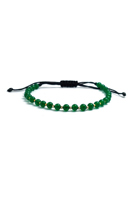 Bratara cu snur, 5 bilute striate 2mm din aur 14k, margele Myuki aurii si Jad verde, privire frontala