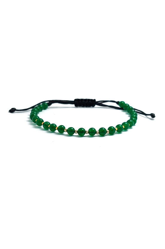Bratara cu snur, 5 bilute striate 2mm din aur 14k, margele Myuki aurii si Jad verde, privire frontala