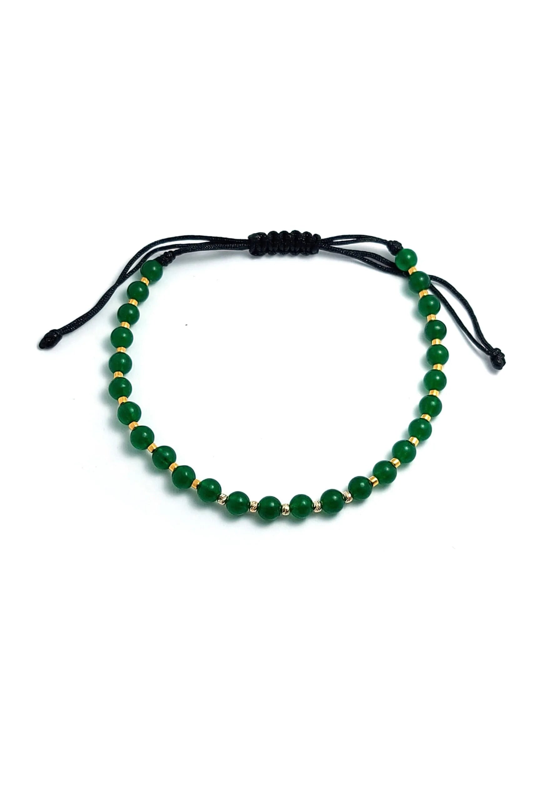 Bratara cu snur, 5 bilute striate 2mm din aur 14k, margele Myuki aurii si Jad verde, privire sus