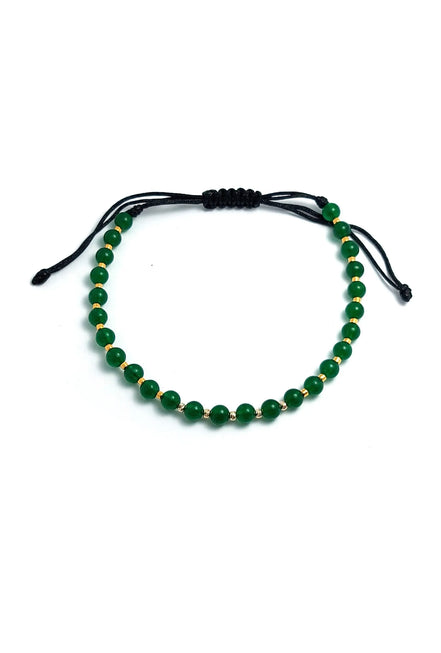 Bratara cu snur, 5 bilute striate 2mm din aur 14k, margele Myuki aurii si Jad verde, privire sus