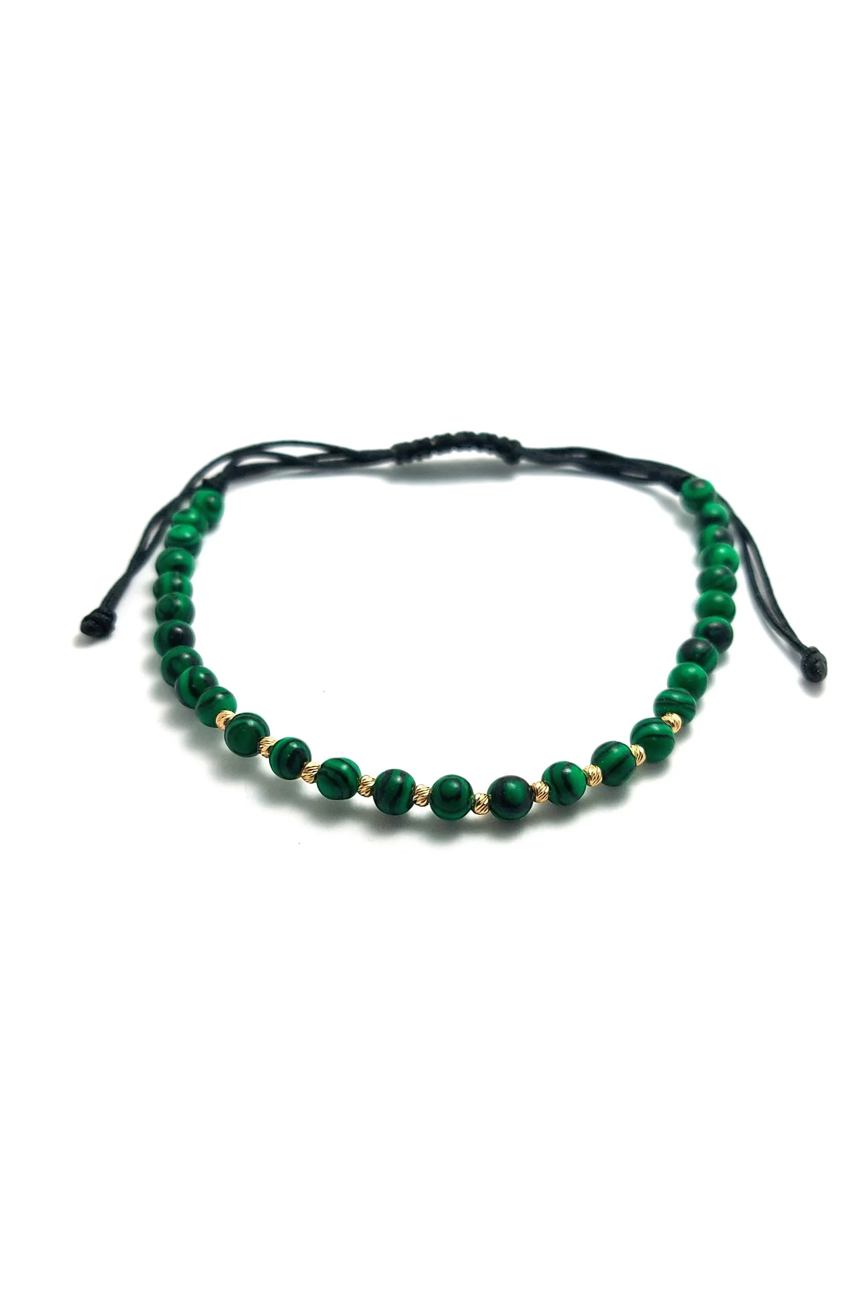 Bratara cu 10 bilute striate de 2mm din aur 14k si Malachit verde