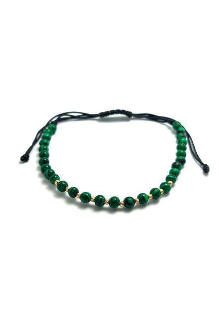 Bratara cu 10 bilute striate de 2mm din aur 14k si Malachit verde