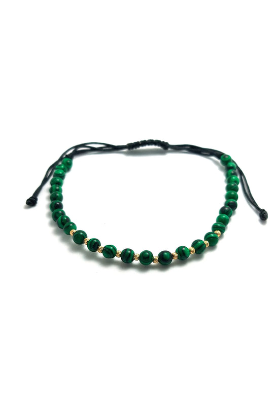 Bratara cu 10 bilute striate de 2mm din aur 14k si Malachit verde