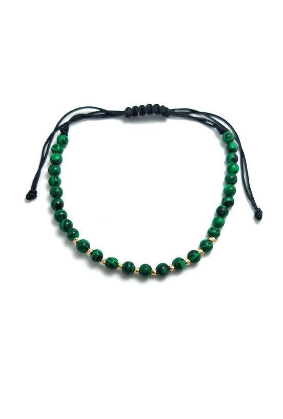 Bratara cu 10 bilute striate de 2mm din aur 14k si Malachit verde 2