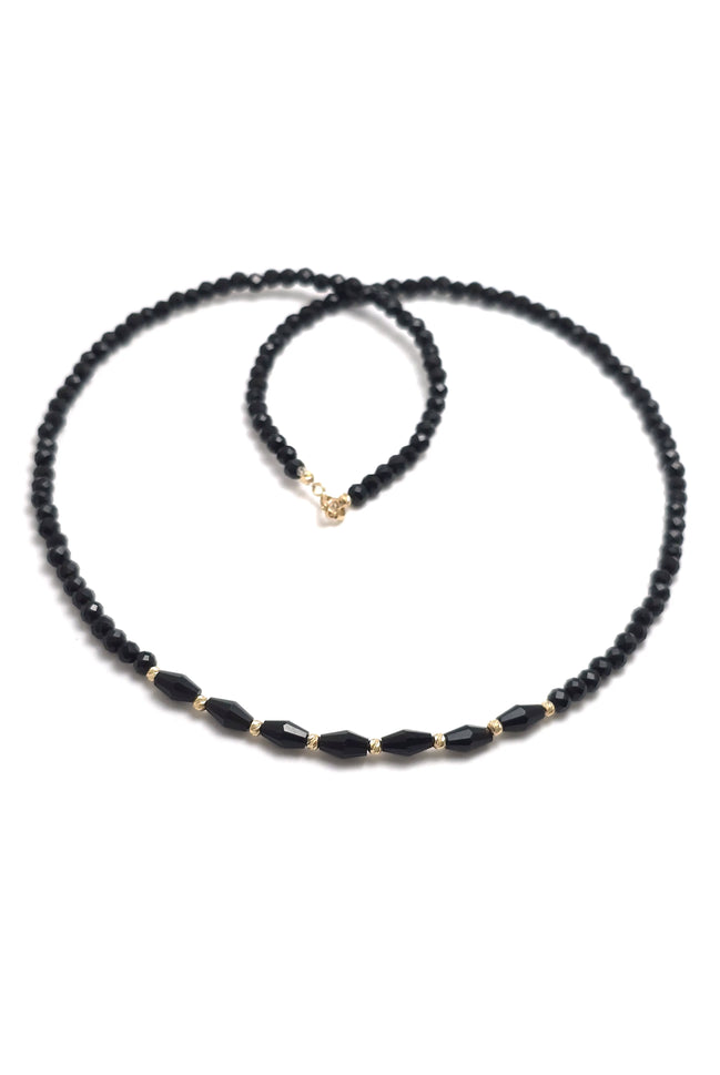 Colier cu cristale rotunde și ovale negre combinate și bile de aur de 14k de 2mm, lungime 40 cm