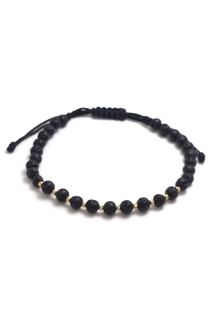 Brățară cu 10 biluțe striate de 2mm din aur 14k și Lava Negru
