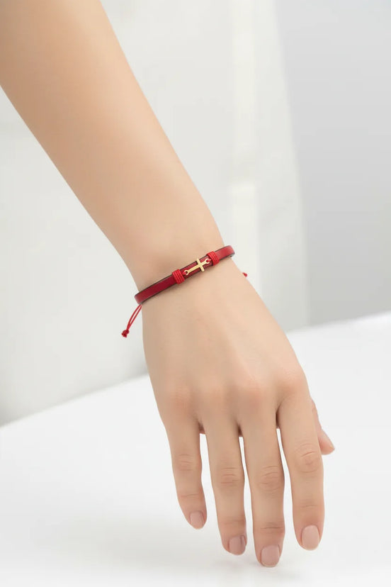 bratara piele rosie îngustă model cruce mana
