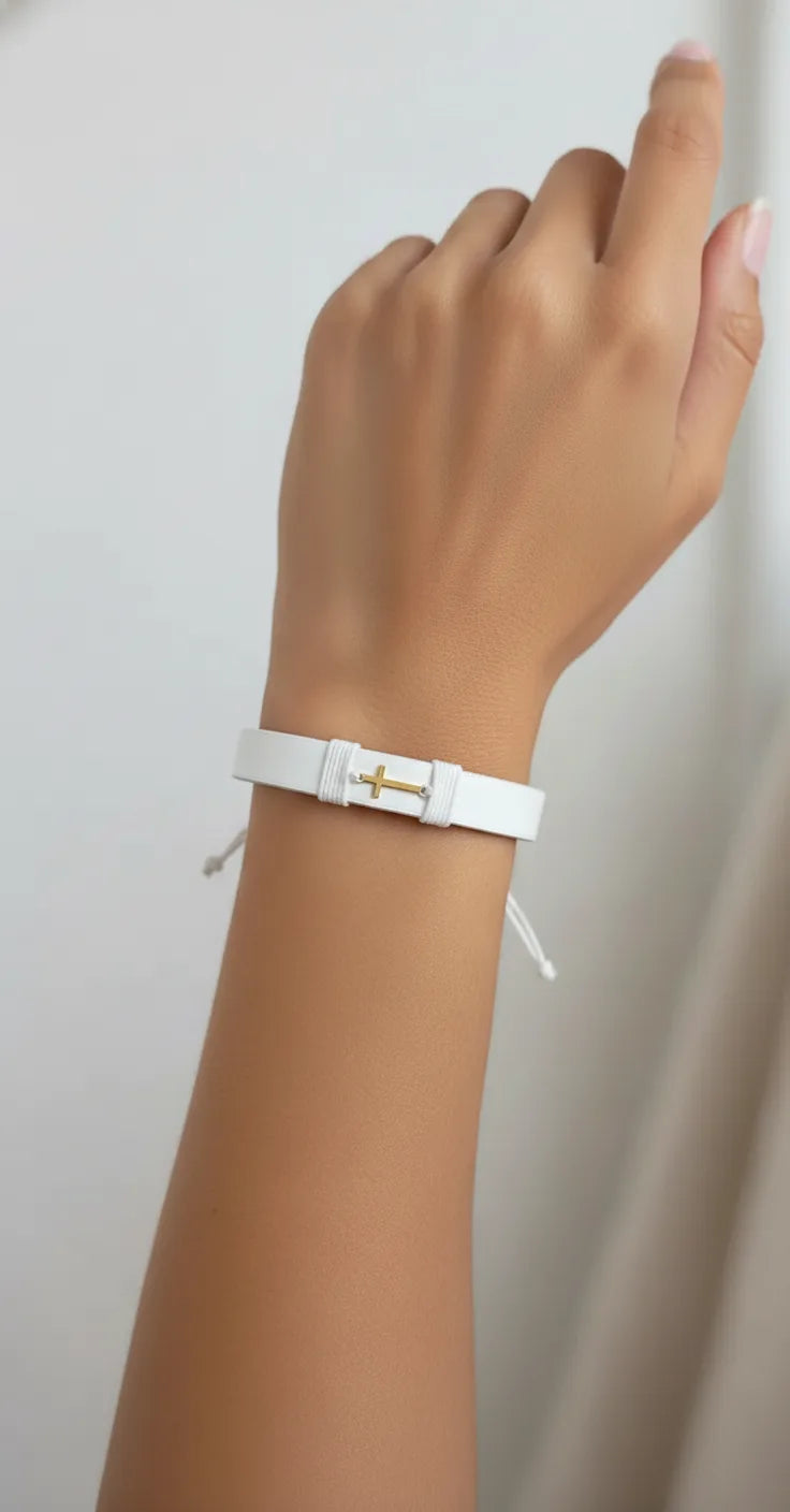 bratara piele cruce alba lata model mana