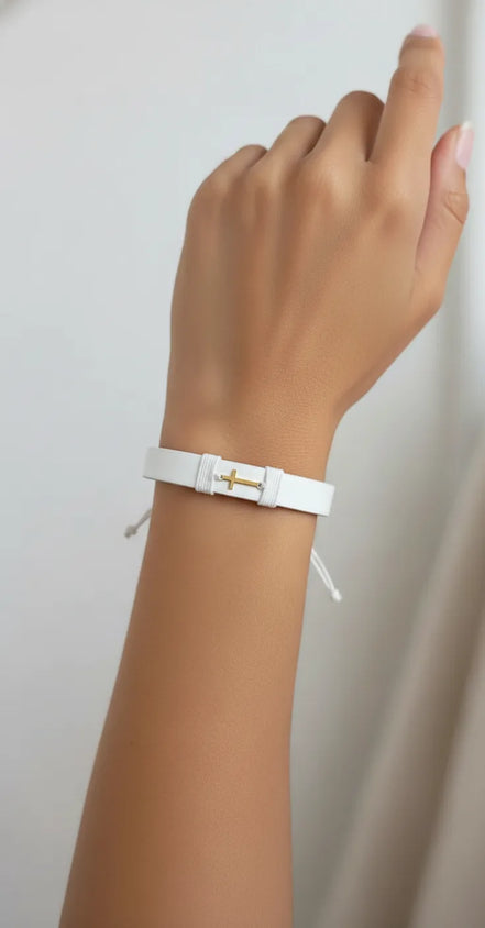 bratara piele cruce alba lata model mana