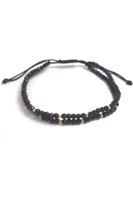 Brățară dublă cu 10 biluțe din aur 14k și cristale negre 3mm