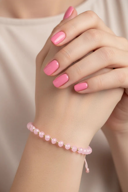 Bratara cu 10 bilute din aur 14k de 2mm si cristale roz 4mm, model mana