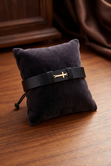 Bratara din piele naturala neagra lata si cruce din aur de 14k