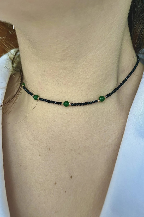 Colier cu cristale din sticlă fațetată neagră, Jad și biluțe din aur585 de 14 karate