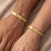 Bratara din piele naturala aurie lata si cruciulita din aur de 14k