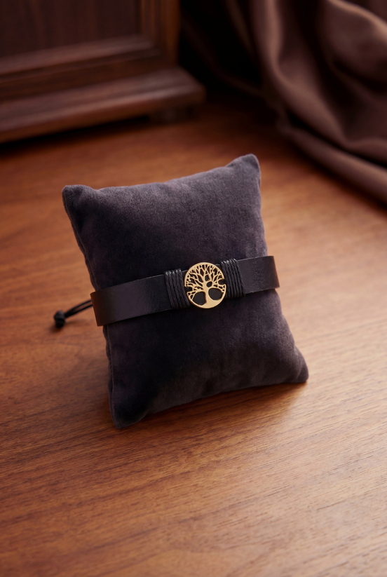 Bratara din piele naturala neagra lata si figurina Pomul Vietii din aur de 14k, dimensiune reglabila