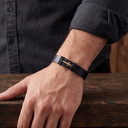 Bratara din piele naturala lata neagra si cruciulita din aur de 14k