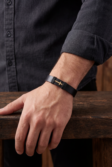 Bratara din piele naturala lata neagra si cruciulita din aur de 14k