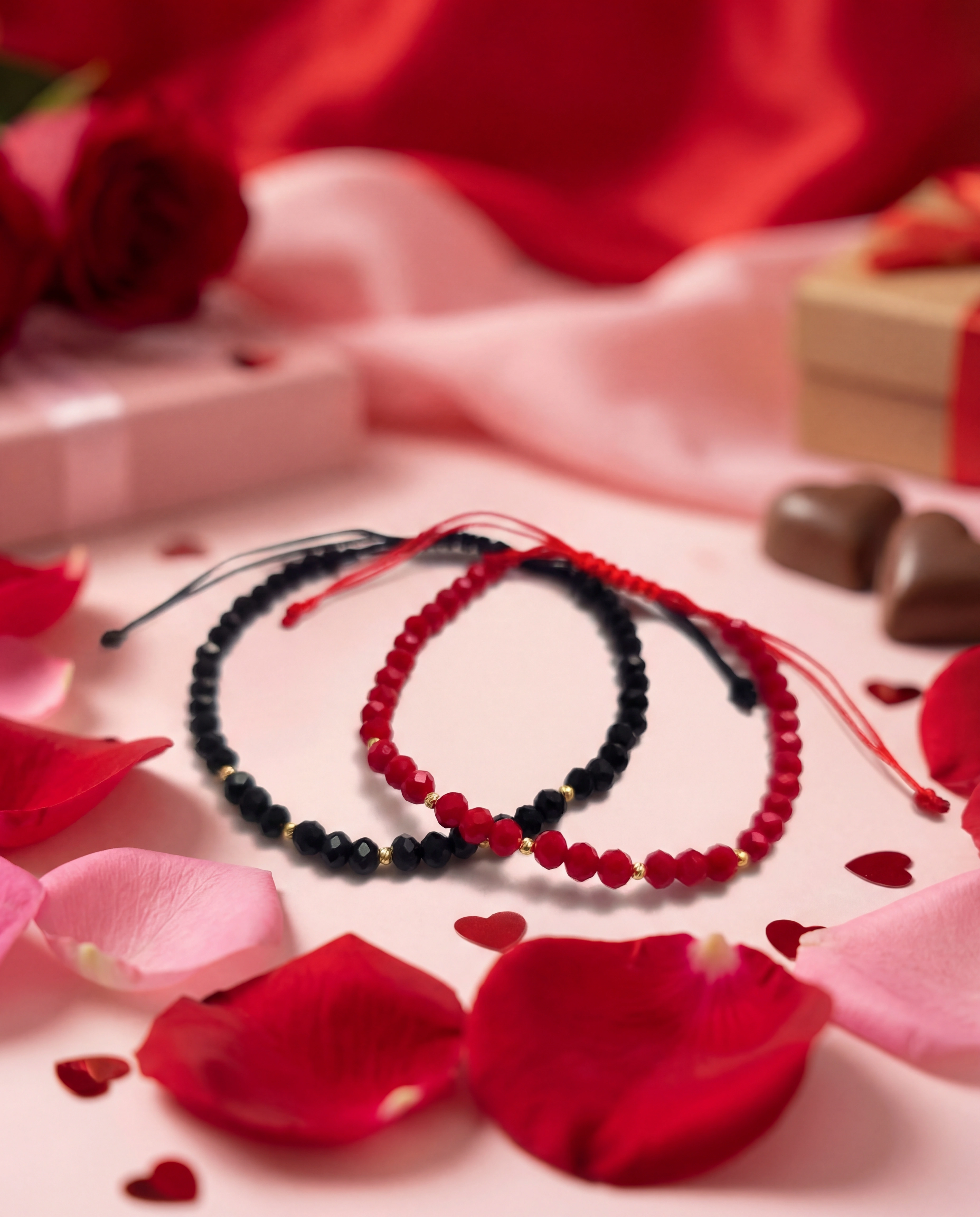 Set Brățări Valentine’s Day - Cristale și 5 biluțe de Aur 14K, 2mm