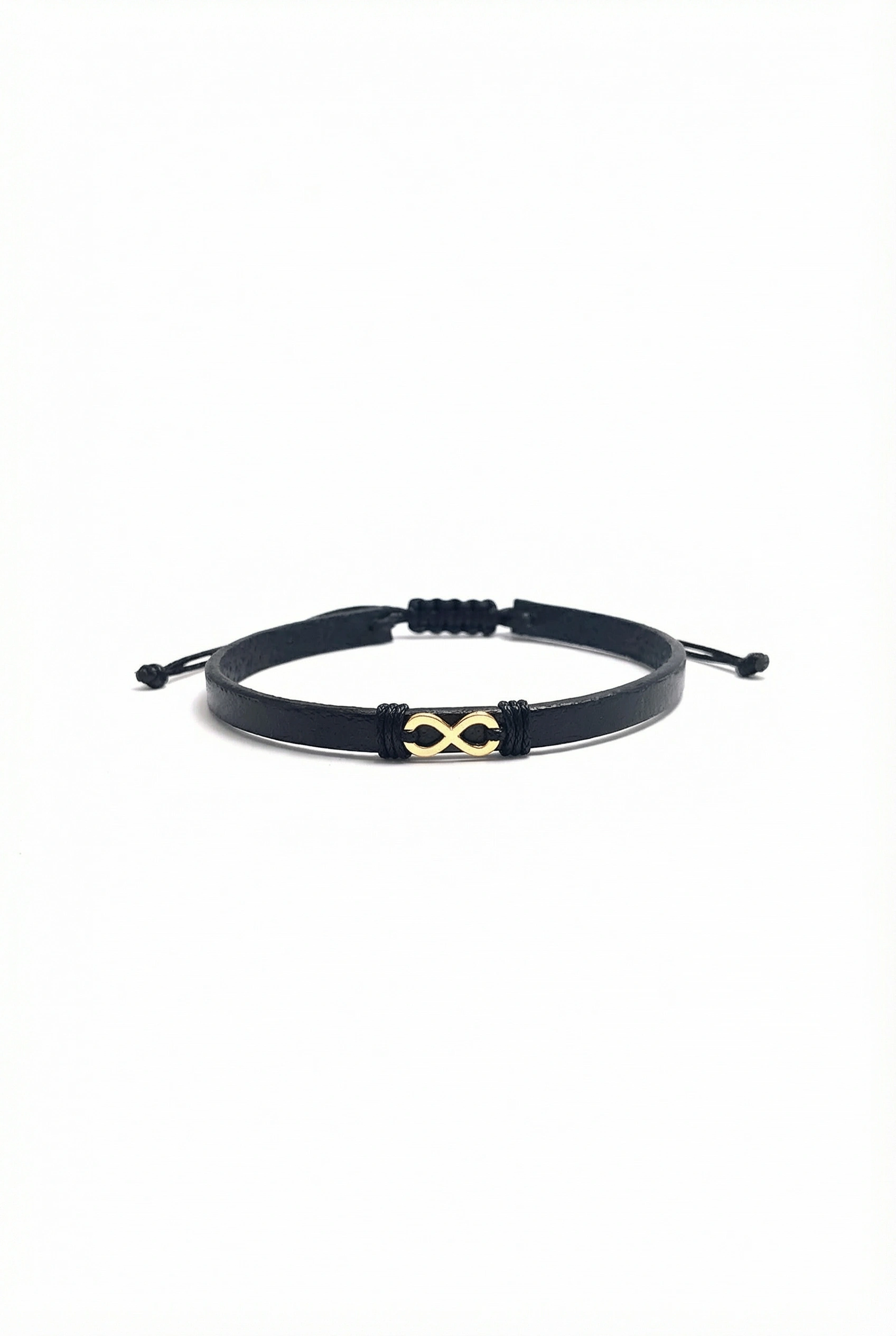 Brățară Piele Naturală îngustă neagră  și Infinit Aur 14K (585)