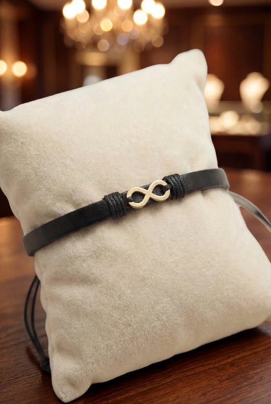 Brățară Piele Naturală îngustă neagră  și Infinit Aur 14K (585)