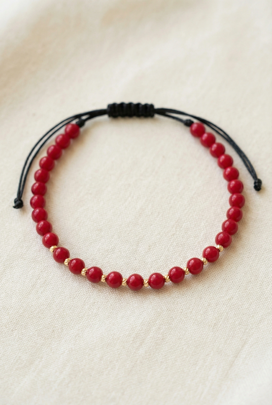 Bratara cu snur, 10 bilute striate 2mm din aur 14k, Rubin