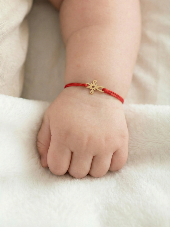 Bratara bebelus/copii cu cruce din aur 14k, șnur rosu