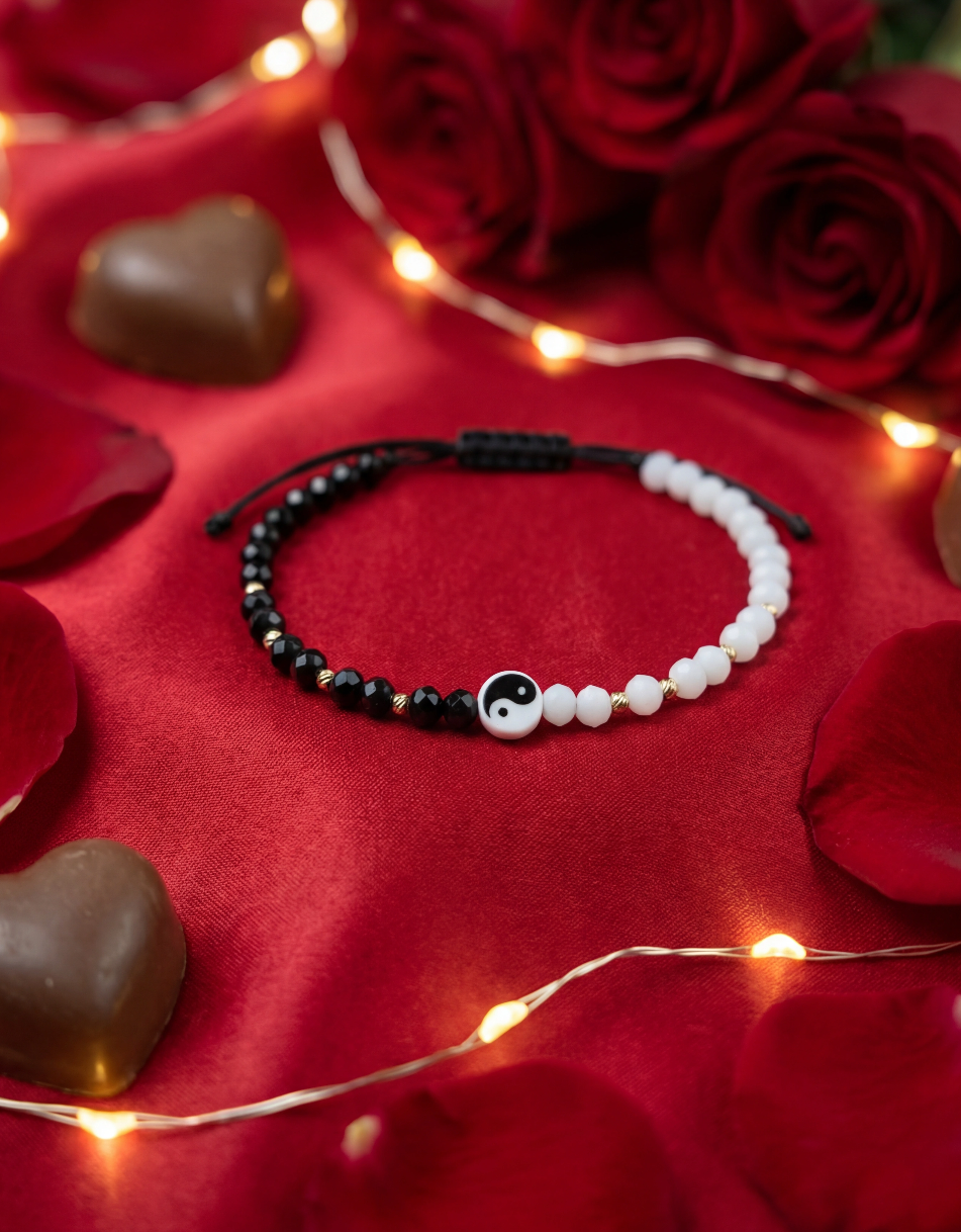 Brățară Yin Yang cristale bicolor cu 8 Biluțe din Aur 14K (585),2mm