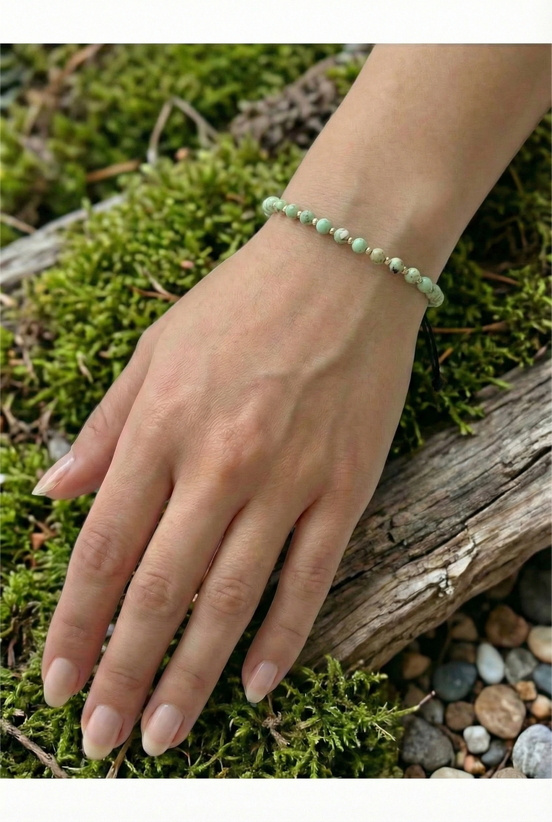 Bratara cu snur, 10 bilute striate 2mm din aur 14k, Howlite verde-turcoaz