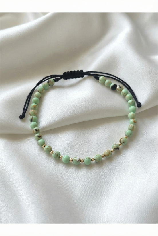 Bratara cu snur, 10 bilute striate 2mm din aur 14k, Howlite verde-turcoaz
