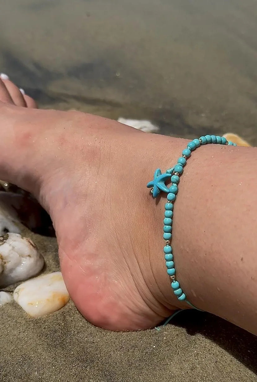 Brățară de picior cu 4 bilute din aur 14kt cu piatră Turcoaz și talisman Steluță de Mare