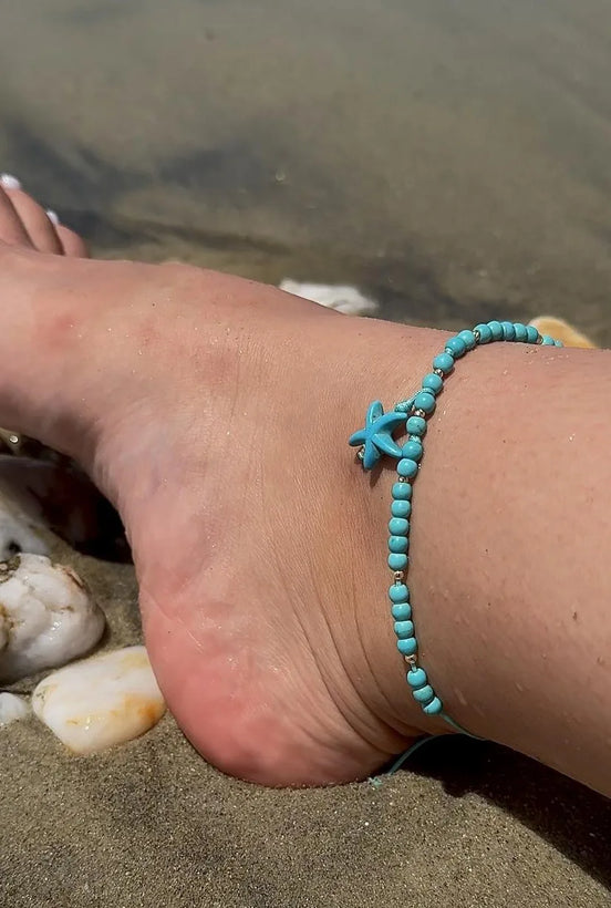 Brățară de picior cu 4 bilute din aur 14kt cu piatră Turcoaz și talisman Steluță de Mare