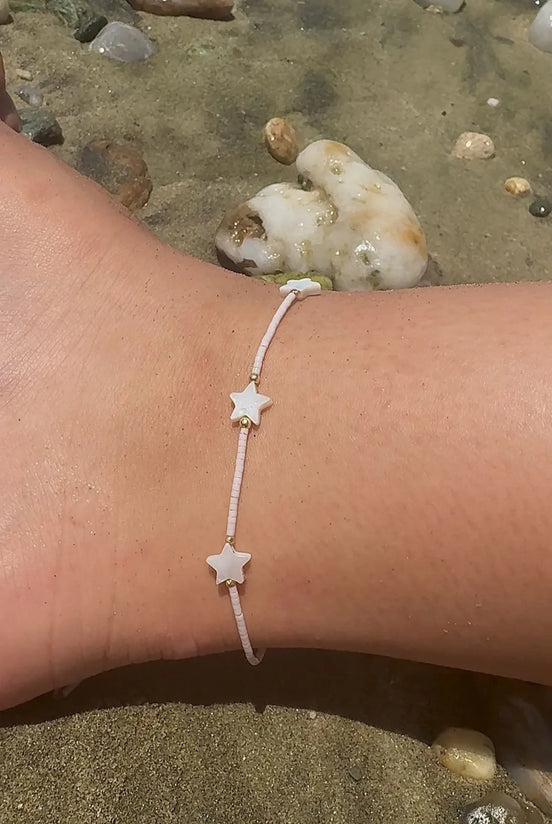 Brățară de picior cu 4 bilute din aur 14kt cu stelute si miyuki