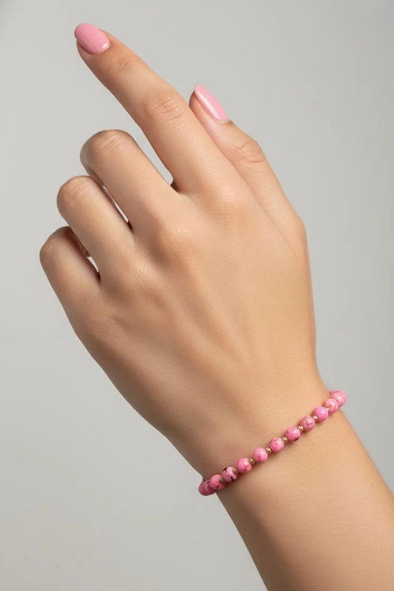 Bratara cu 10 bilute striate de 2mm din aur 14k si Howlit Roz model femeie
