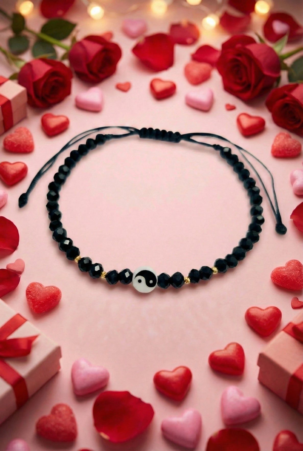 Brățară Yin Yang cristale negre cu 4 Biluțe din Aur 14K (585),2mm