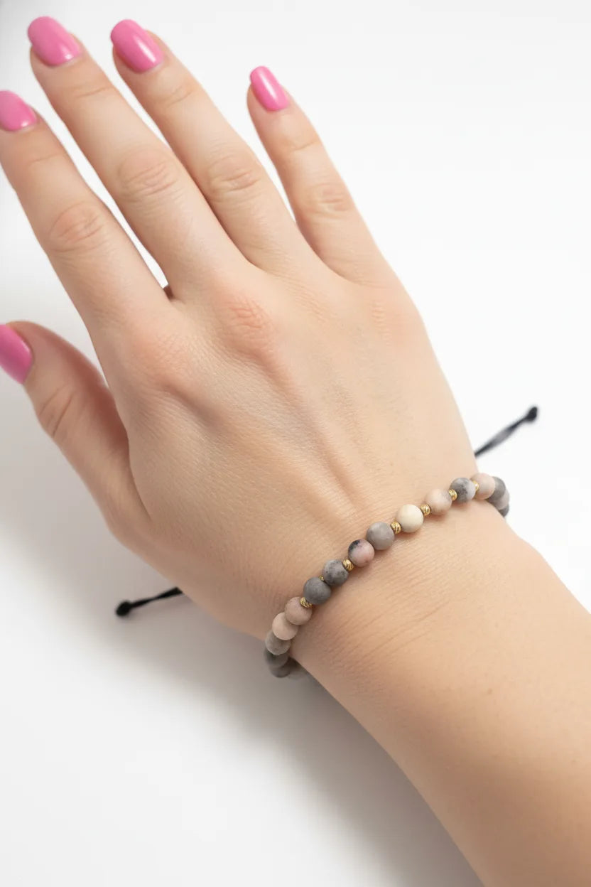 Brățară cu 10 biluțe striate de 2mm din aur 14k și Zasp Zebra Roz-Gri Mat mana femeie