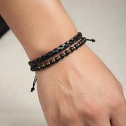 Brățară dublă împletită cu 10 bile din aur de 14 karate Onix Negru Mat model mana