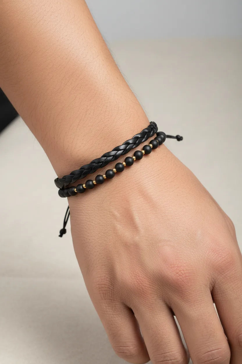 Brățară dublă împletită cu 10 bile din aur de 14 karate Onix Negru Mat model mana