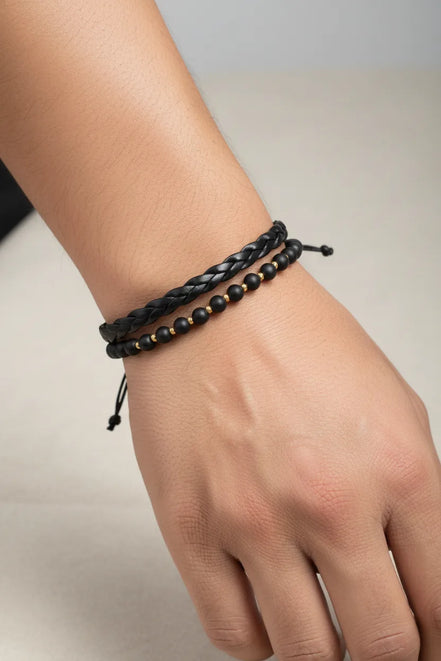 Brățară dublă împletită cu 10 bile din aur de 14 karate Onix Negru Mat model mana