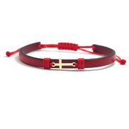 Bratara din piele naturala rosie ingusta si cruciulita din aur de 14k